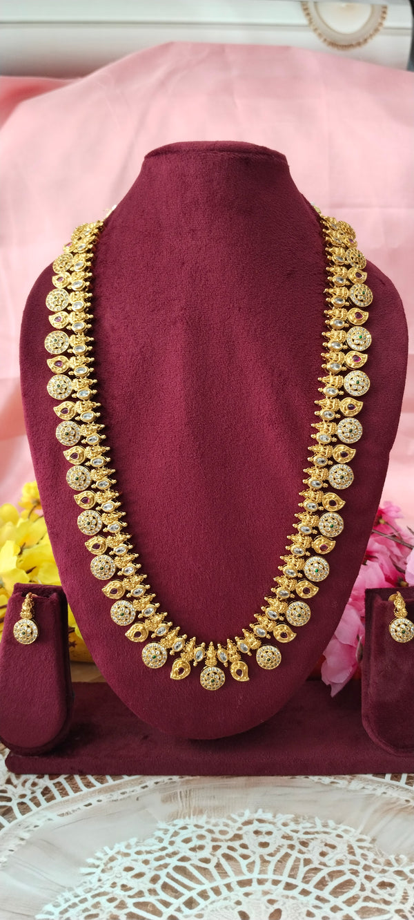 Elevate your ethnic jewelry collection with this premium one gram gold mango leaves long haram