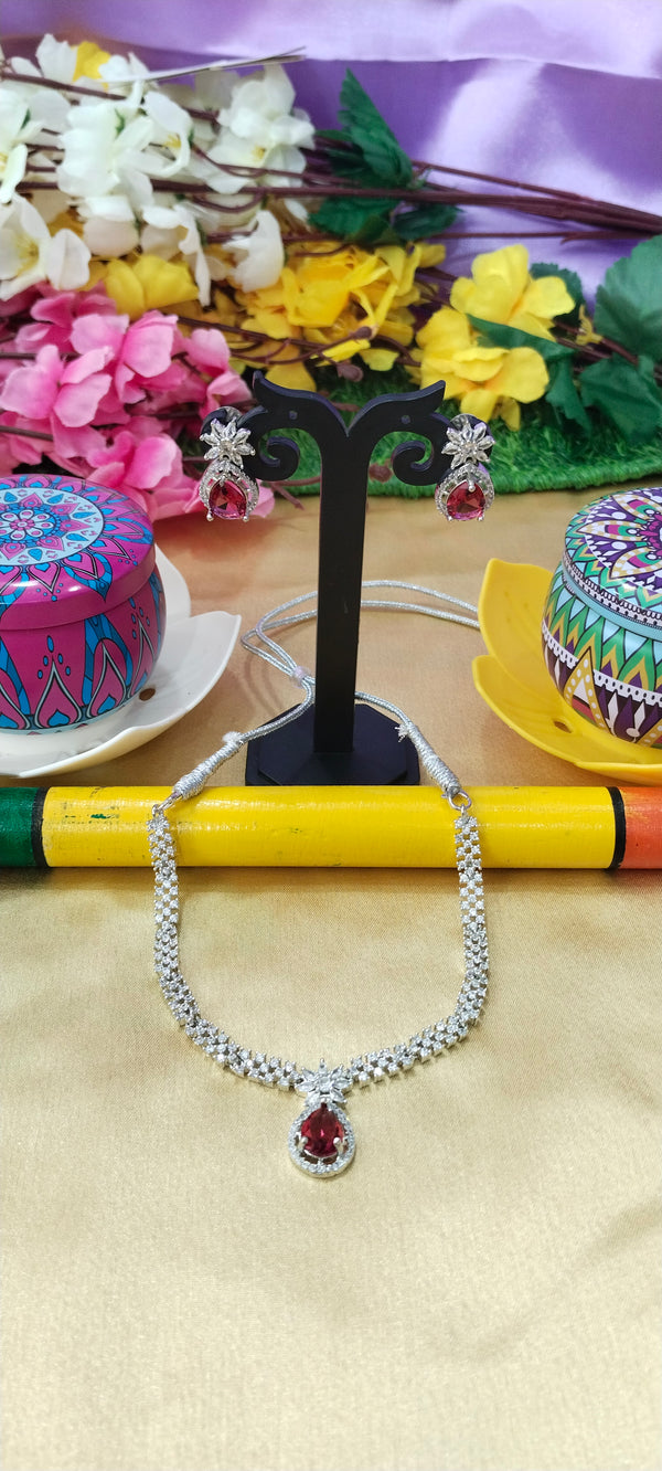 A beautifully crafted silver neck set, perfect for adding elegance and sparkle to weddings, parties, and festive occasions.