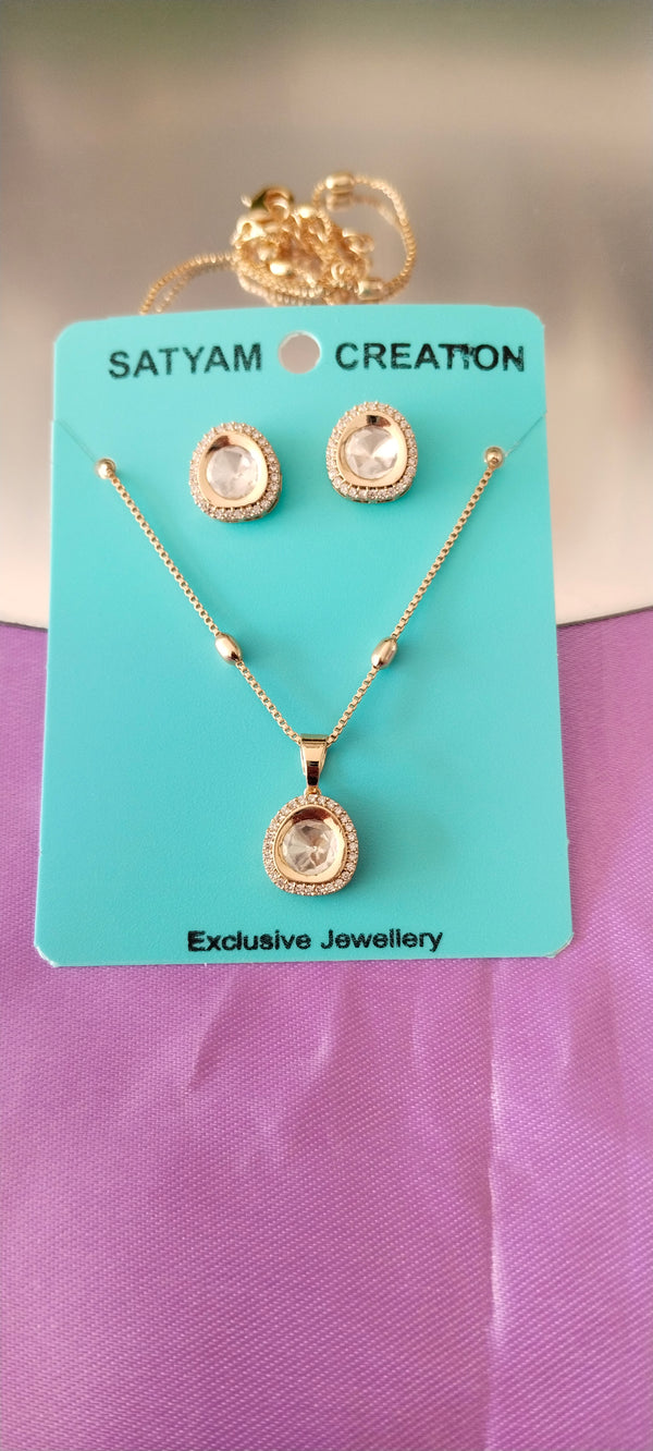 premium Moissanite white Kundan Pendant & Earring Set –Rose Gold Finish