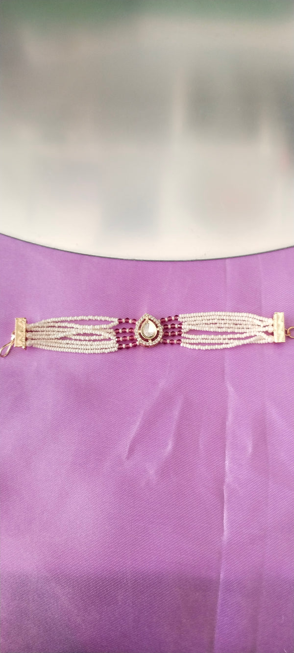 premium Moissanite white Kundan and crystal red beadsbracelet –Rose Gold Finish