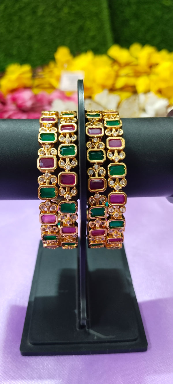 Antique Gold-Plated Floral Bangles – Pink & Green Accents