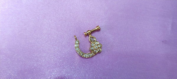 Gold Finish Floral Motif Studded Kundan Nose Ring