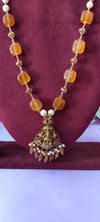 Long premium laxmi locket with gold balls and white pulse and orange stone no earrings