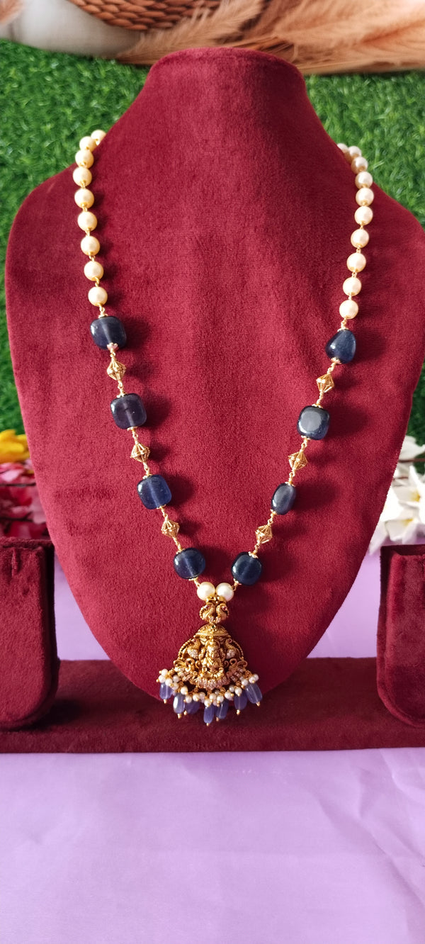 Long premium golden laxmi locket with dark blue beads chain - pendant only
