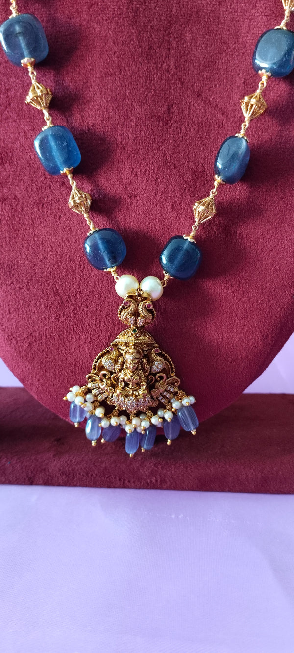 Long premium golden laxmi locket with dark blue beads chain - pendant only
