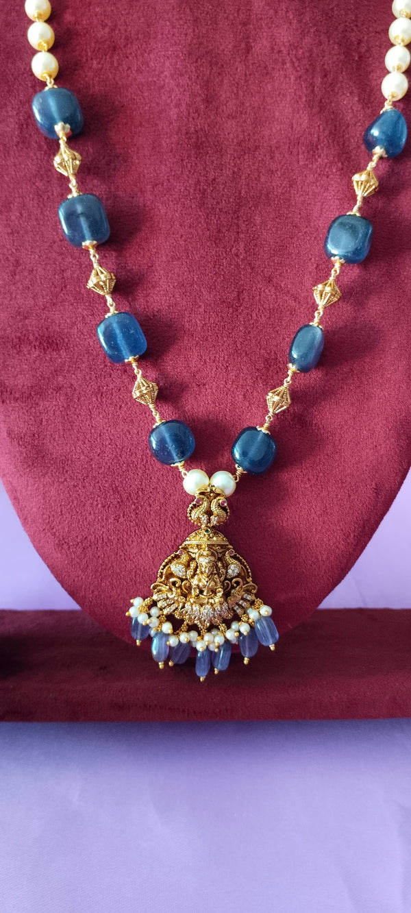 Long premium golden laxmi locket with dark blue beads chain - pendant only
