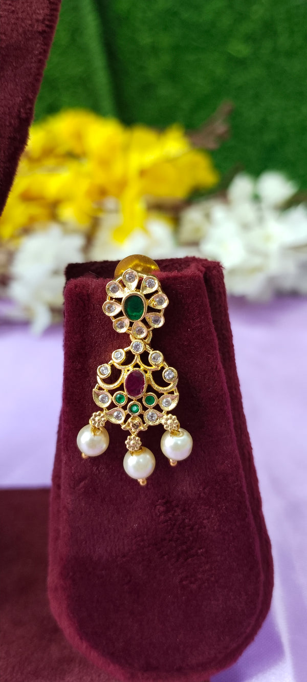 Long Red colour beads chain gold plated pendant with earrings