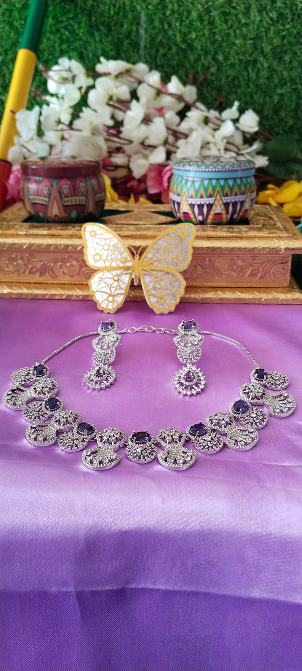 Premium floral design with american diamond necklace - blue & red 2-Colours available