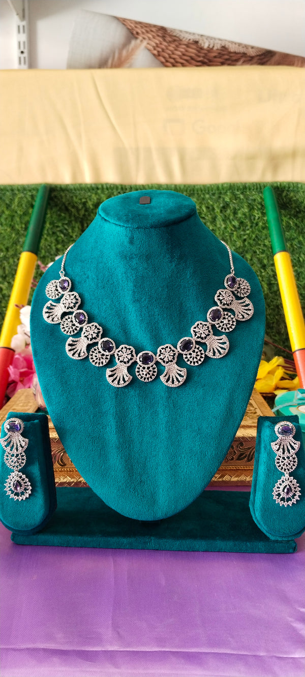 Premium floral design with american diamond necklace - blue & red 2-Colours available