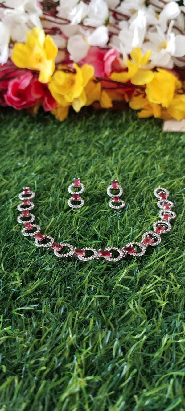 Cz ring design necklace pink colour with matching earrings