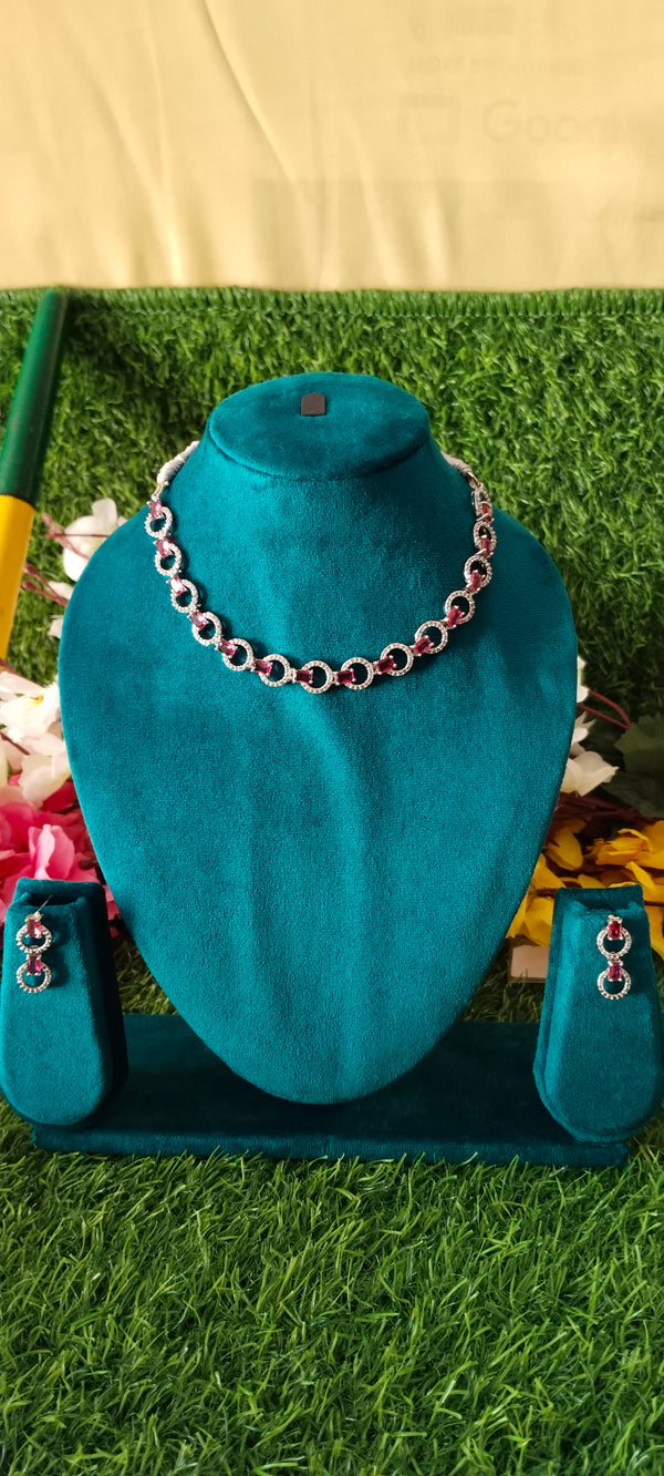 Cz ring design necklace pink colour with matching earrings