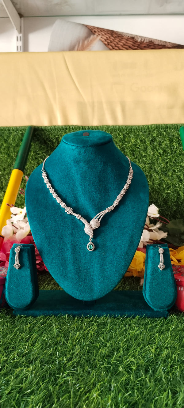 Silver fashion jewelry A.D necklace with White & Sea Green stone