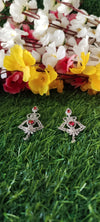 Silver Rich American Diamond Temple Bell Earrings - Red colour