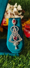 Silver Rich American Diamond Temple Bell Earrings - Red colour