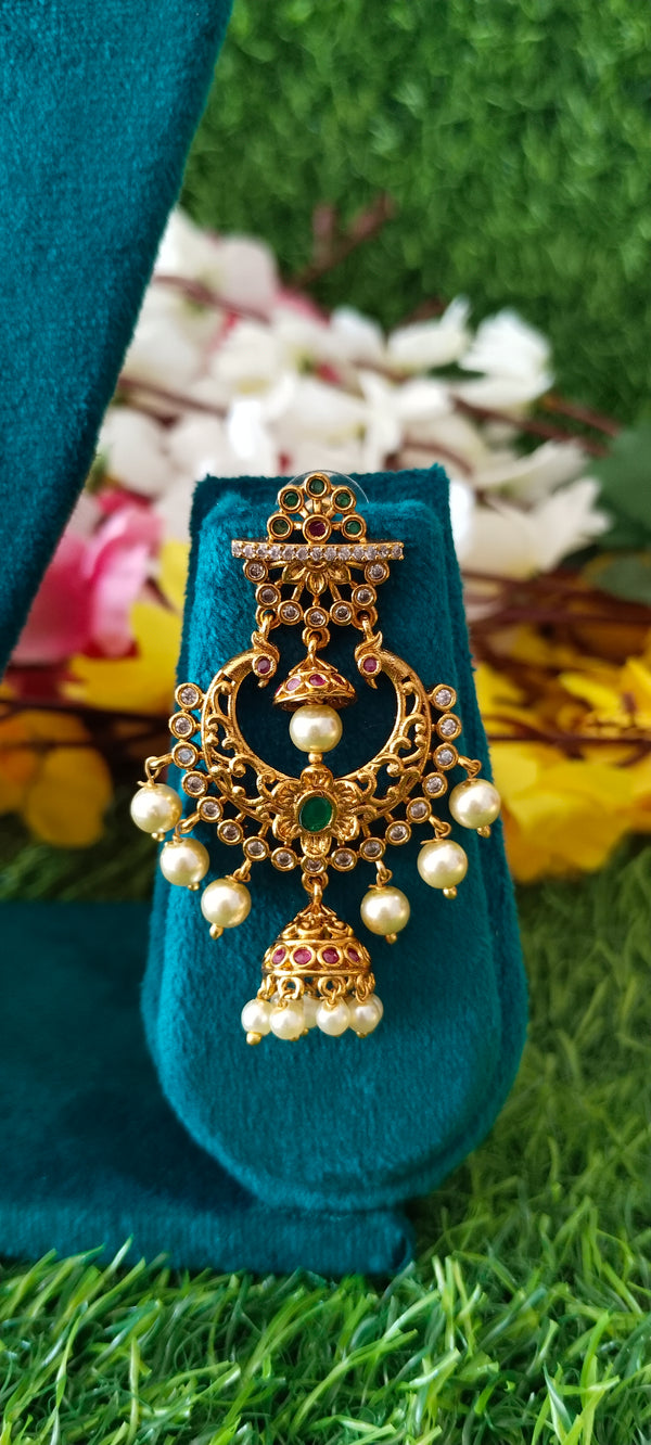 Gold‑Plated Chandbali Earrings with Pearls & Butta