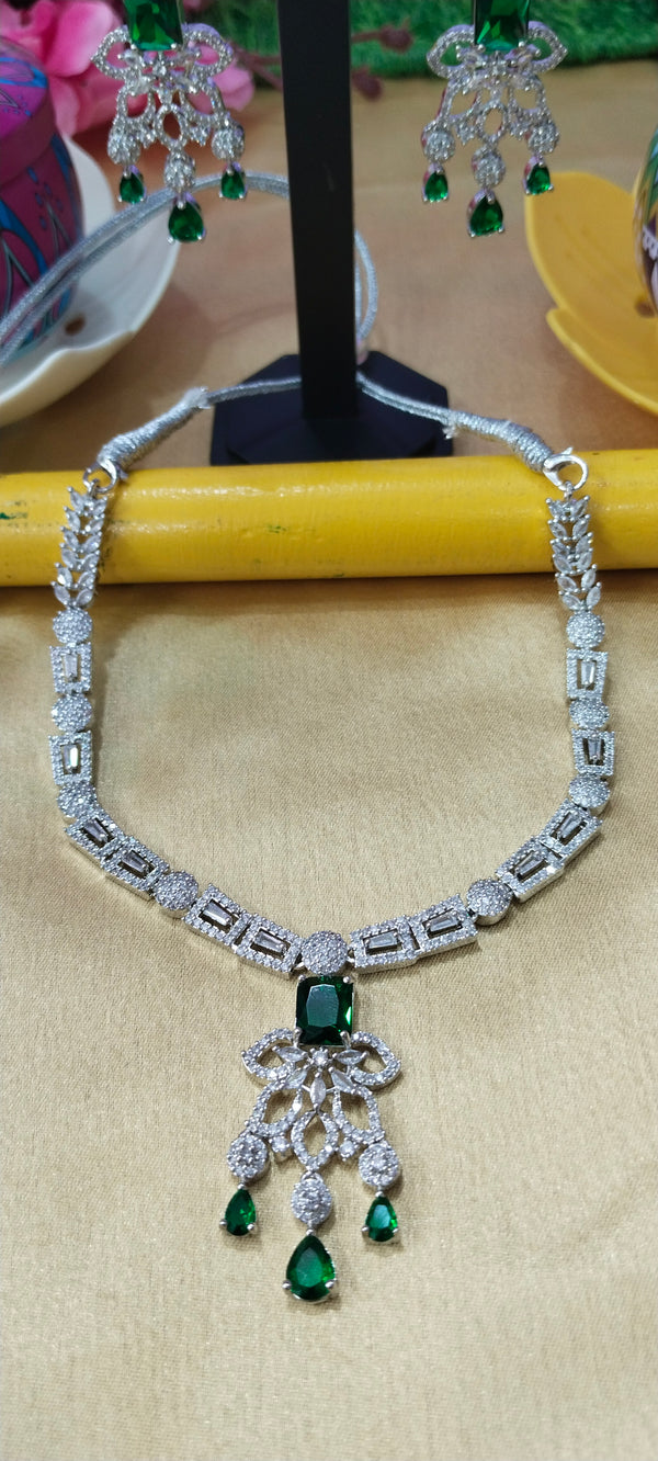 American diamond leaf-design necklace chain with a green pendant