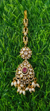 Gold-Plated & White Kundan-Studded Pearl Beaded Maang Tikka