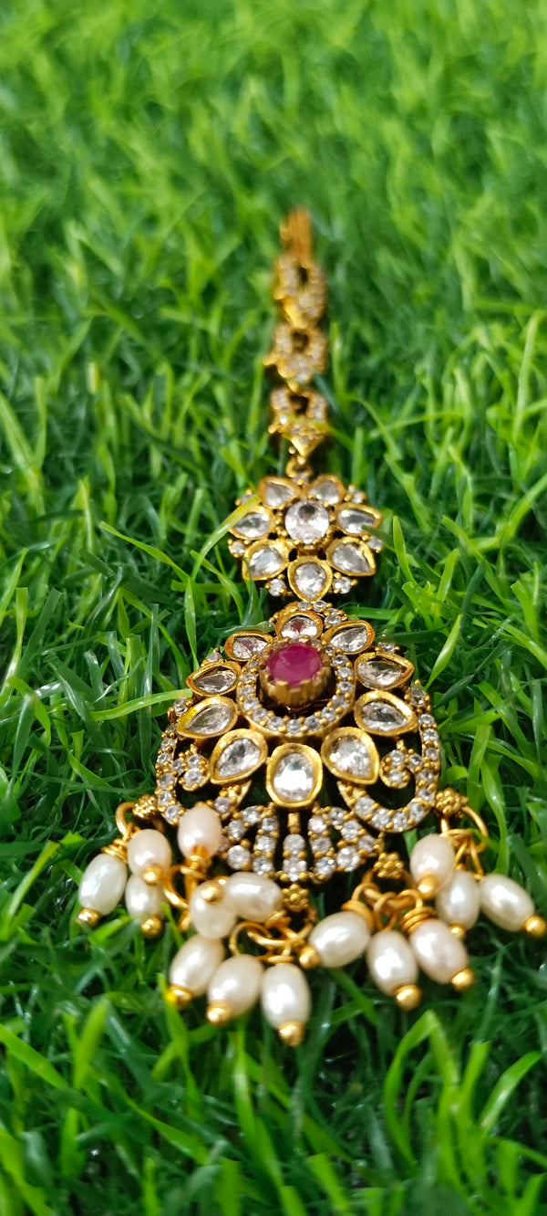 Gold-Plated & White Kundan-Studded Pearl Beaded Maang Tikka