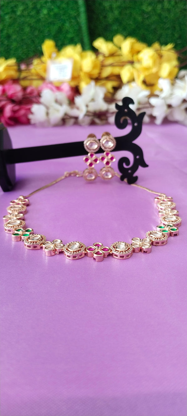 Rose Gold Moissanite Kundan with Pink Stone