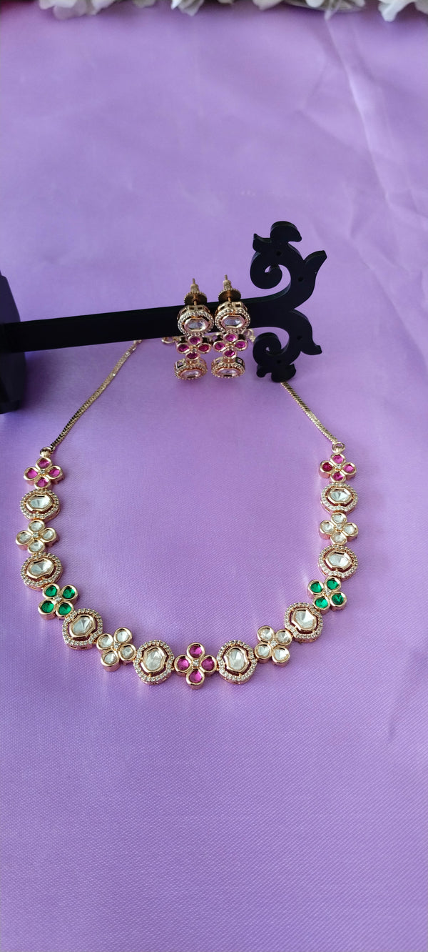 Rose Gold Moissanite Kundan with Pink Stone