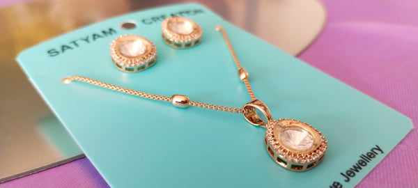 premium Moissanite white Kundan Pendant & Earring Set –Rose Gold Finish