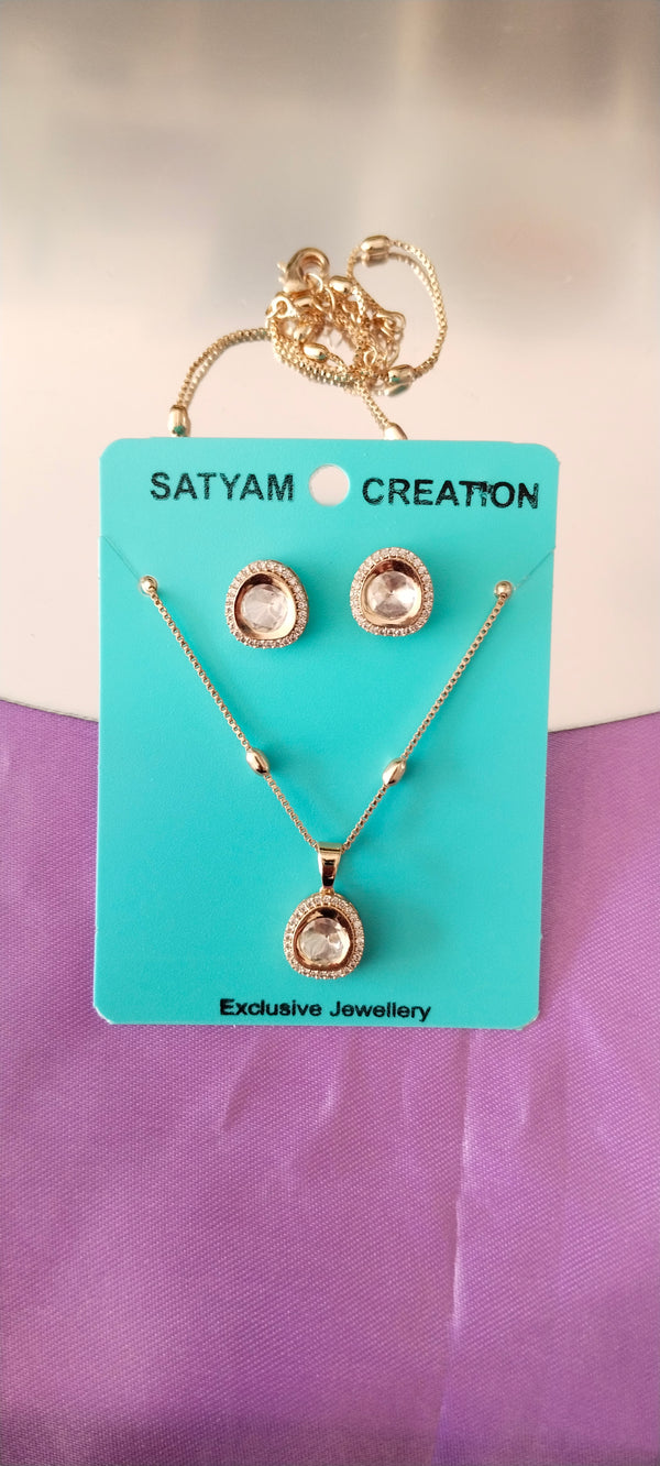 premium Moissanite white Kundan Pendant & Earring Set –Rose Gold Finish