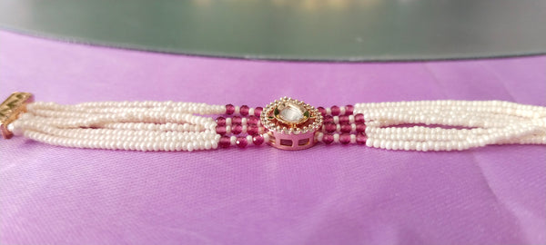 premium Moissanite white Kundan and crystal red beadsbracelet –Rose Gold Finish