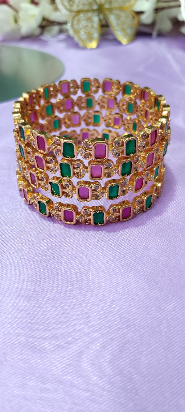 Antique Gold-Plated Floral Bangles – Pink & Green Accents