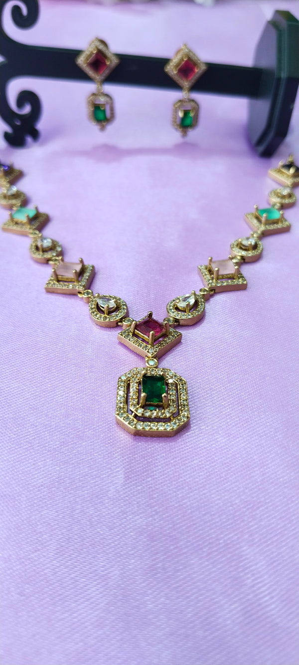 Victorian Multi colour A.D Diamond necklace with matching earrings