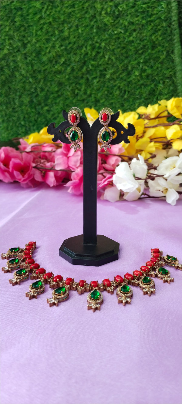 Premium Victorian necklace red & green stone with matching earrings