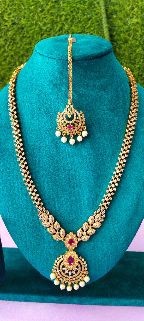 Premium Long Haram Necklace, Maang Tikka & Matching Earrings