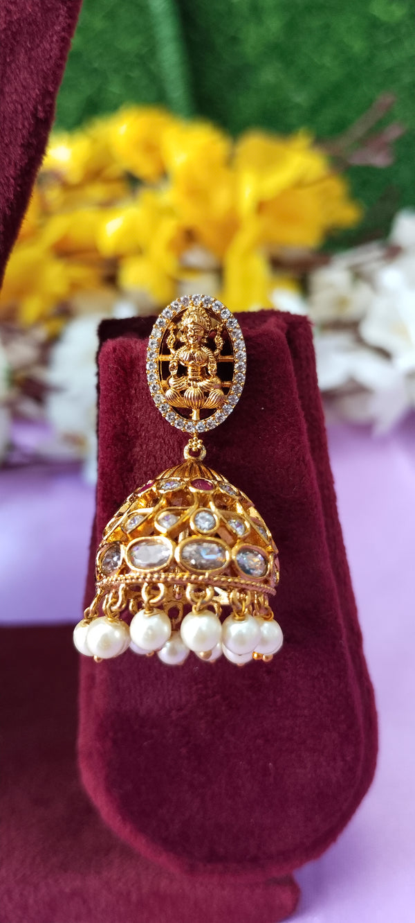 Long Premium one gram gold Laxmi locket with cz stone earrings