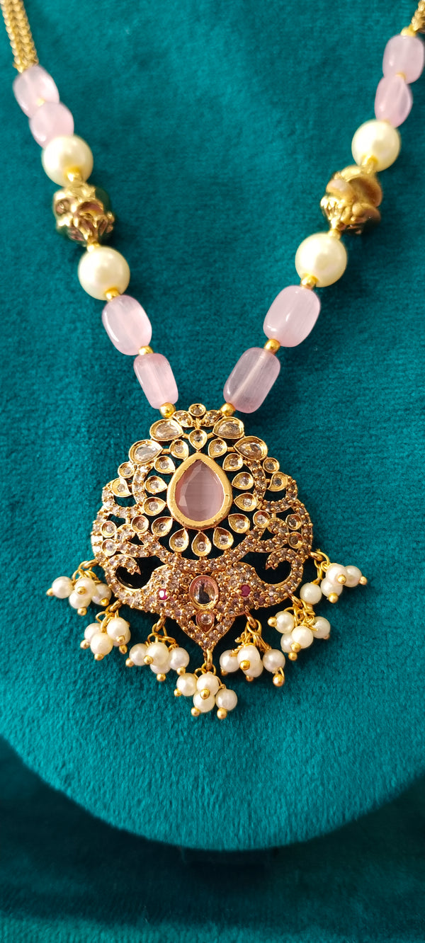 Gold plated chain Cz pendant with earrings and pulse beads