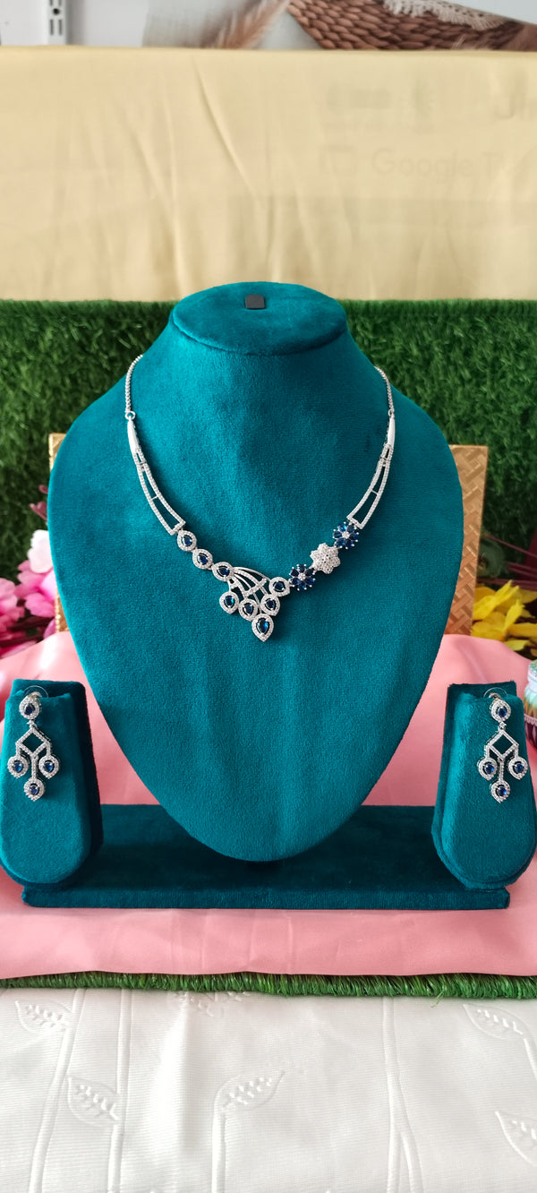 AD Stone Sliver necklace with blue colour stonewith floral designs