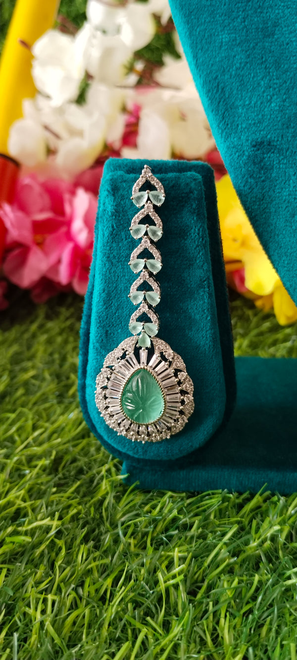 Luxurious american diamond white & sea green pendant with mangtikka