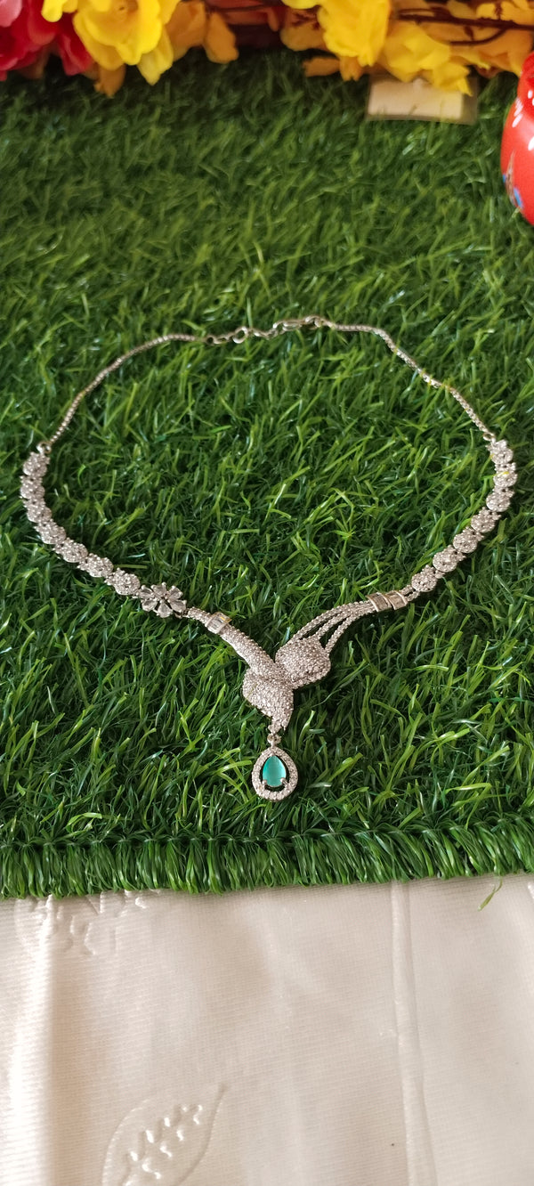 Silver fashion jewelry A.D necklace with White & Sea Green stone