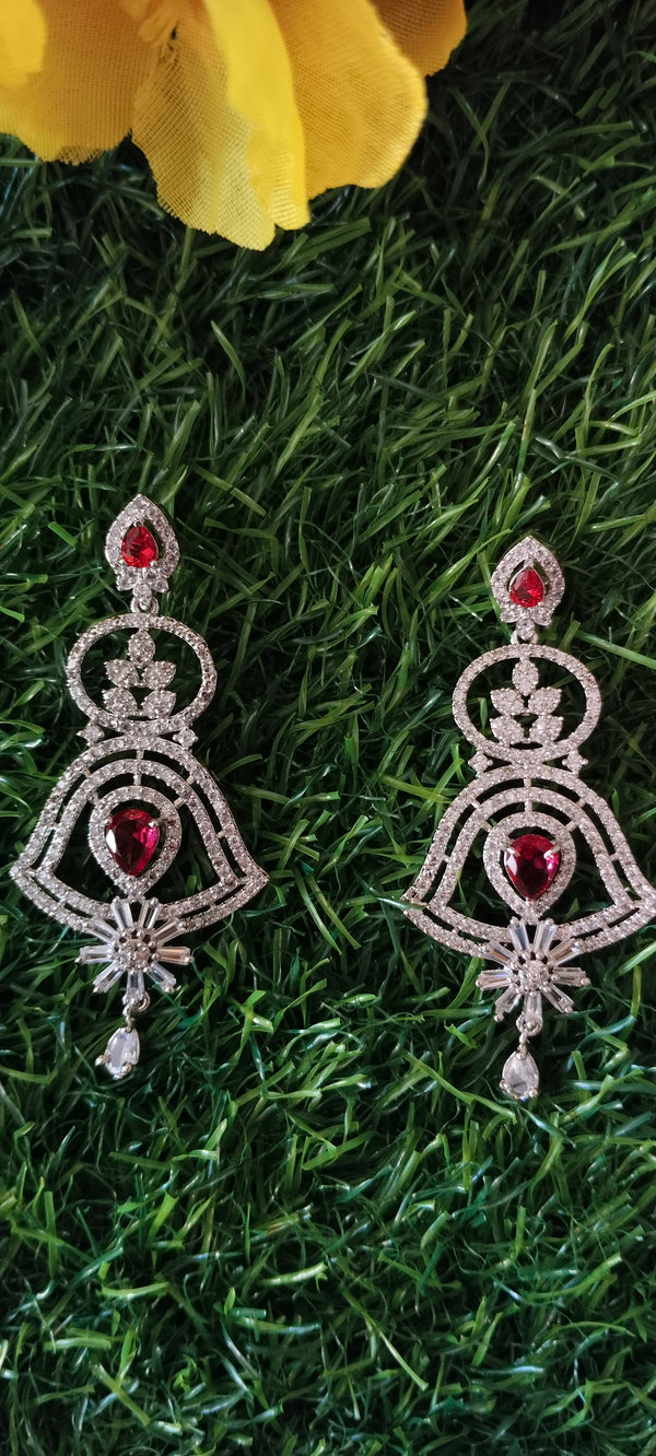 Silver Rich American Diamond Temple Bell Earrings - Red colour
