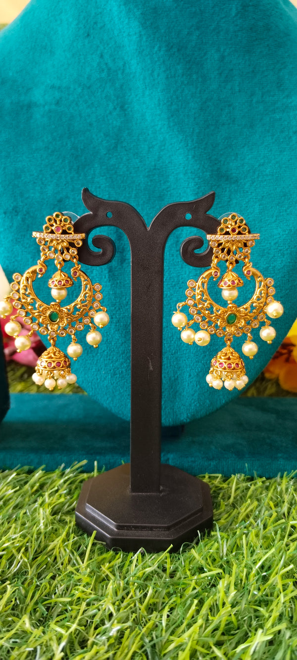 Gold‑Plated Chandbali Earrings with Pearls & Butta