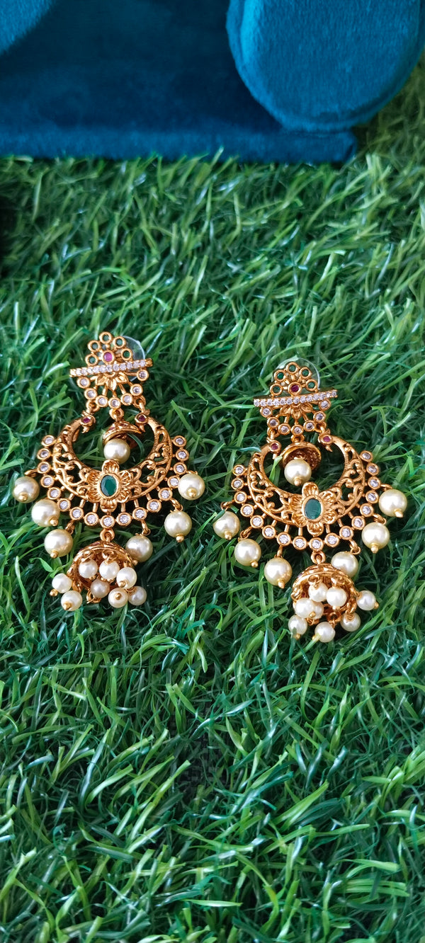 Gold‑Plated Chandbali Earrings with Pearls & Butta